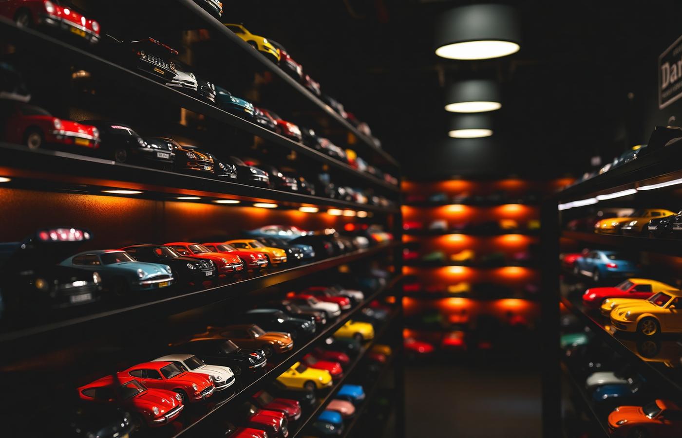 Rows of diecast collectible cars on illuminated shelves